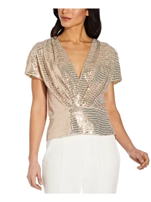 ADRIANNA PAPELL Womens Embellished Short Sleeve Surplice Neckline Evening Wrap Top