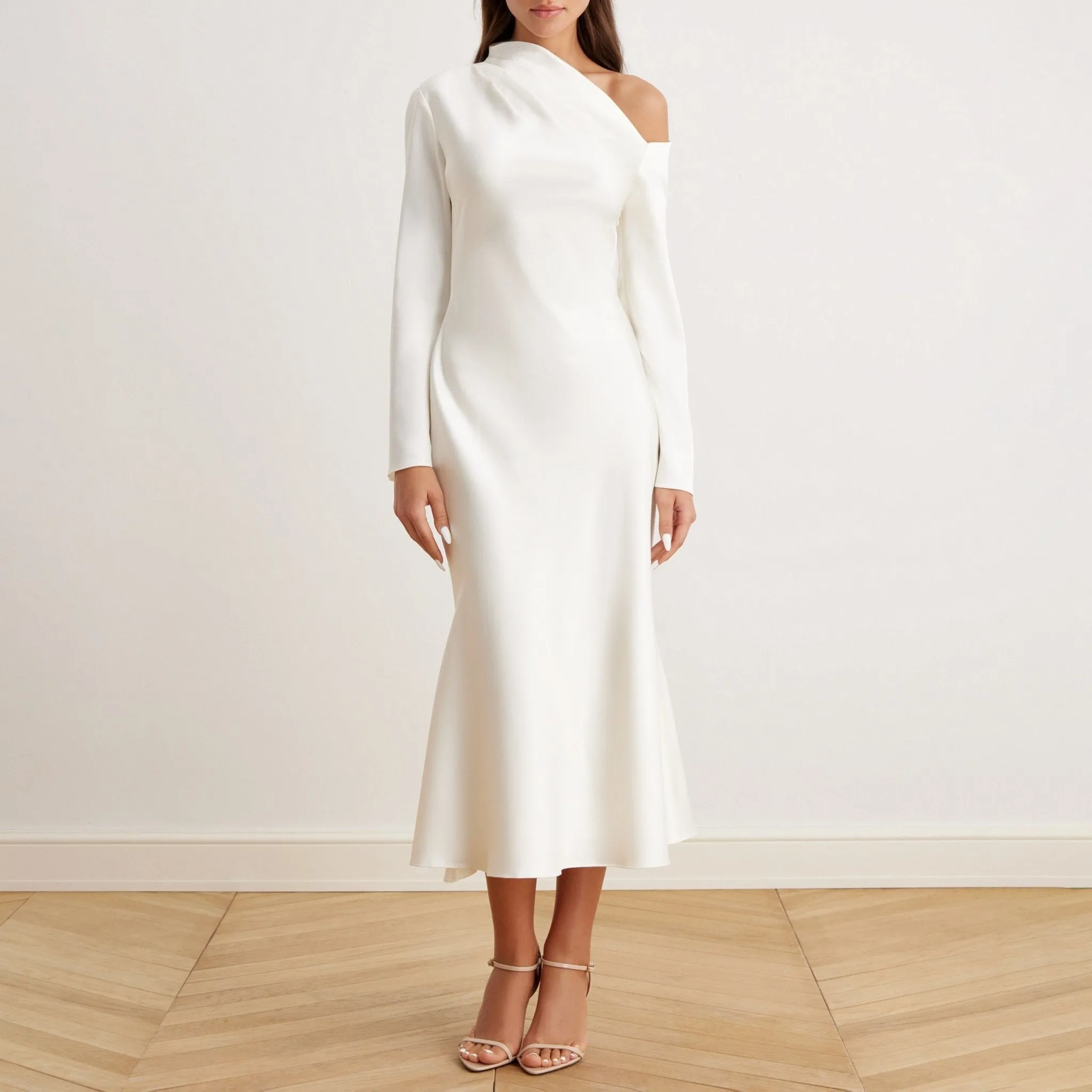Bare Shoulder Satin Midi Dress