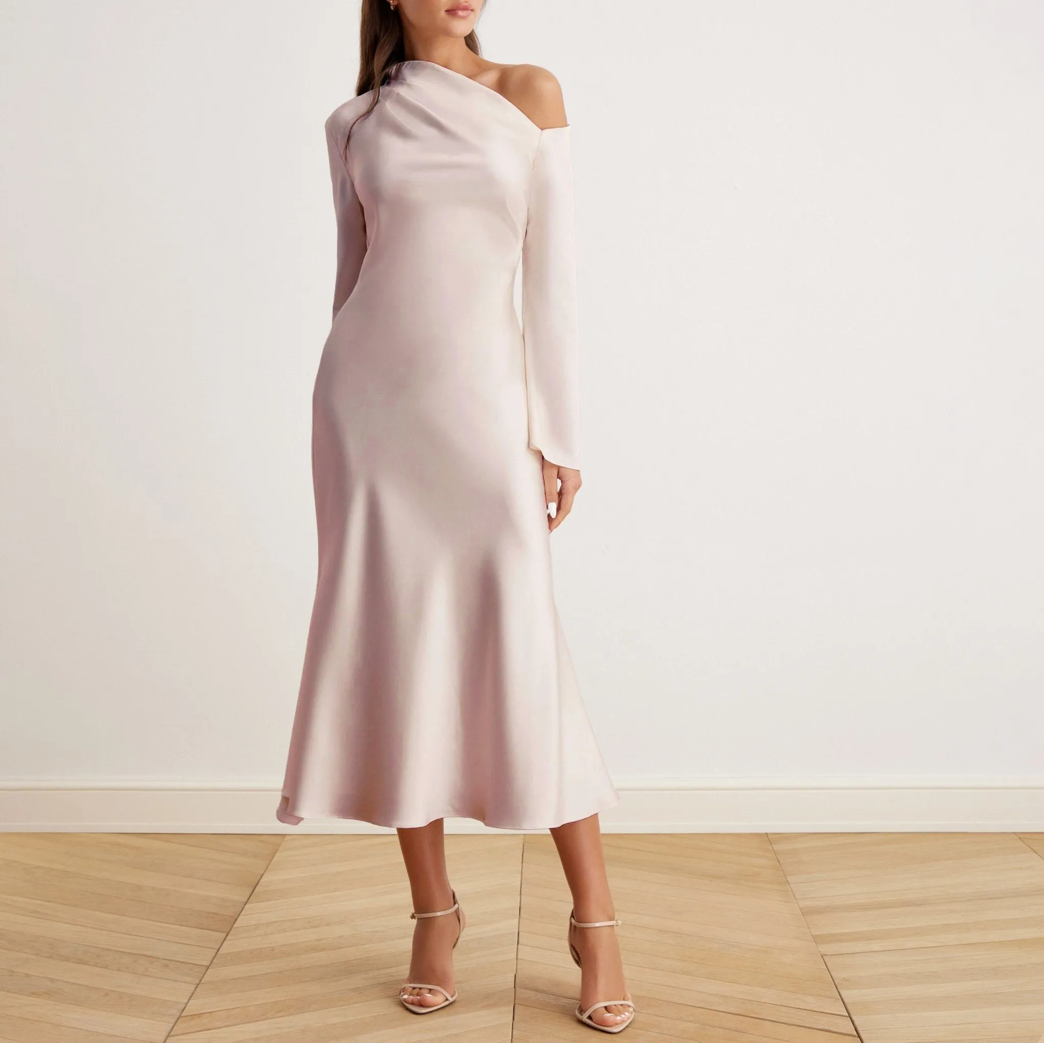 Bare Shoulder Satin Midi Dress