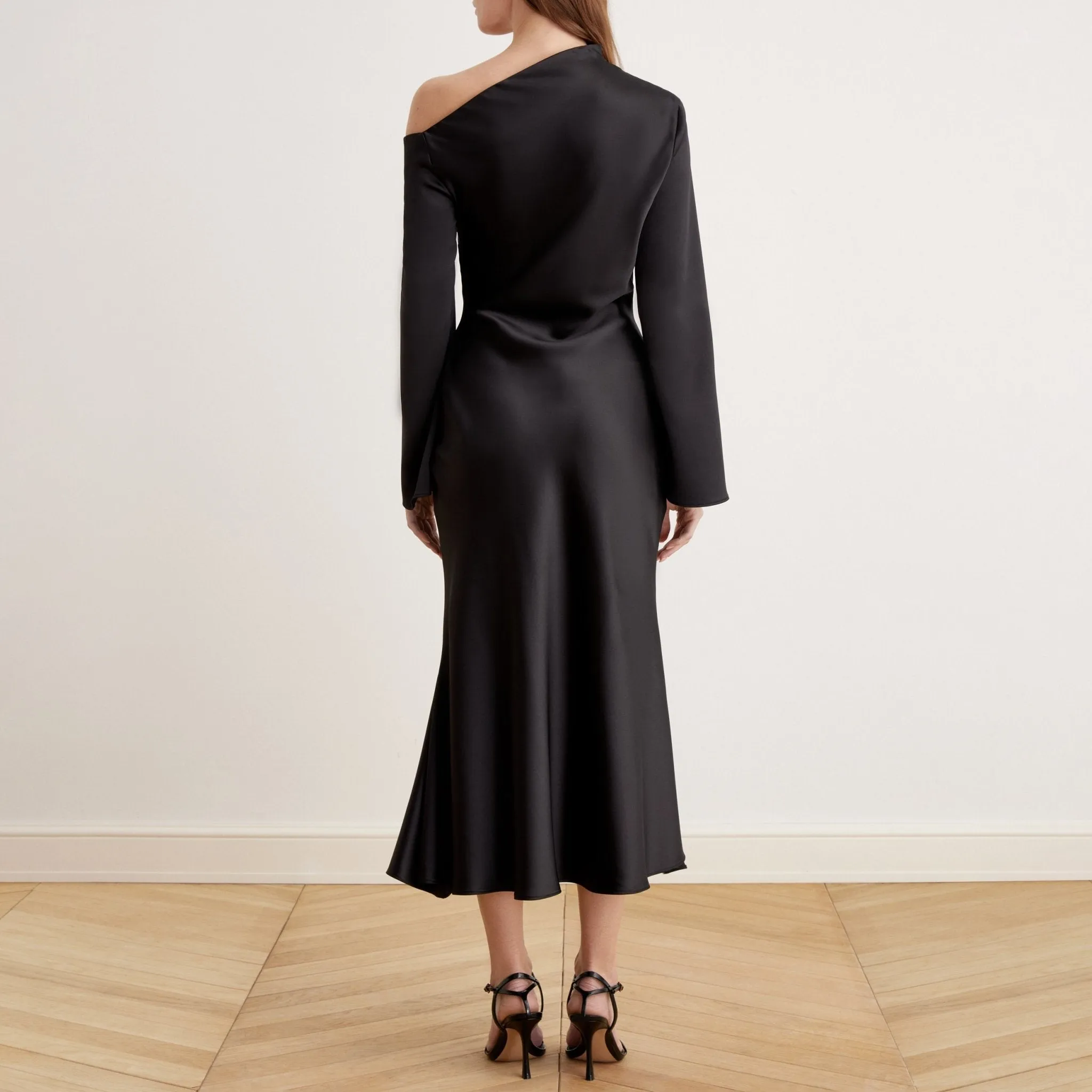 Bare Shoulder Satin Midi Dress