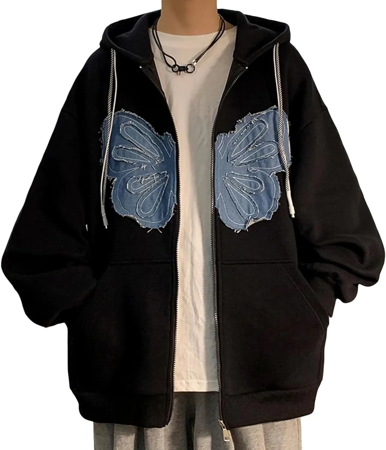 KMBANGI Women Y2K Zip Up Hoodies Butterfly Graphic Print Oversized Sweatshirt Grunge Aesthetic Casual Jacket