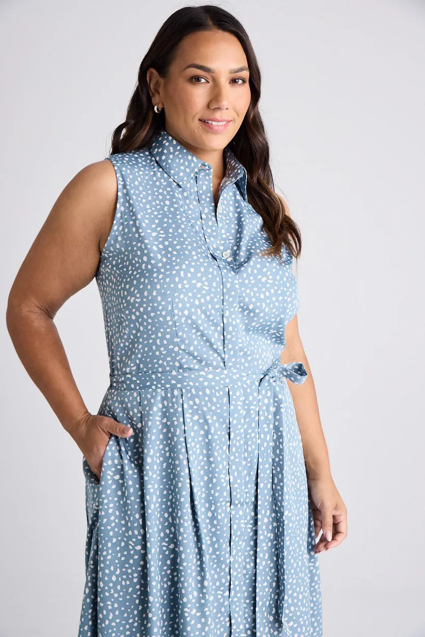 Lilli - Dress - Knee-Length - Blue & White - Silk