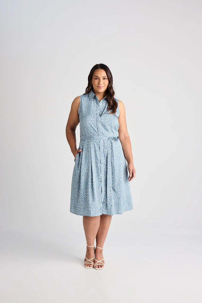 Lilli - Dress - Knee-Length - Blue & White - Silk