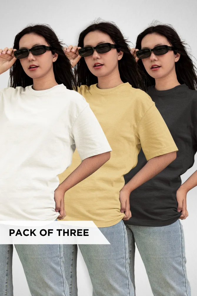 Pack Of 3 Lightweight Oversized T-shirts White Black and Beige for Women