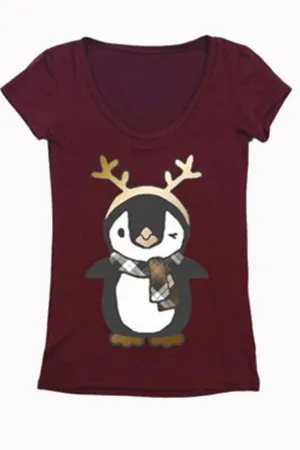 Penguin and Antler Christmas Holiday Graphic T-Shirt