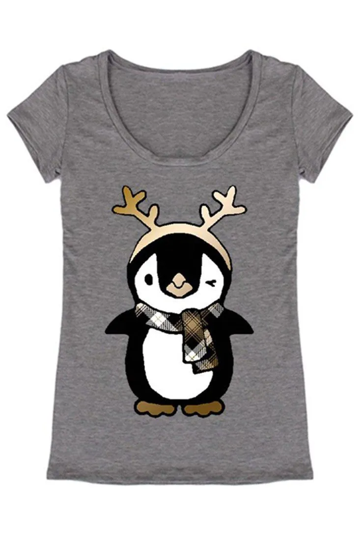Penguin and Antler Christmas Holiday Graphic T-Shirt