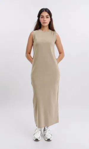 R210666 - Slip On Solid Casual Midi Dress - Light Coffee