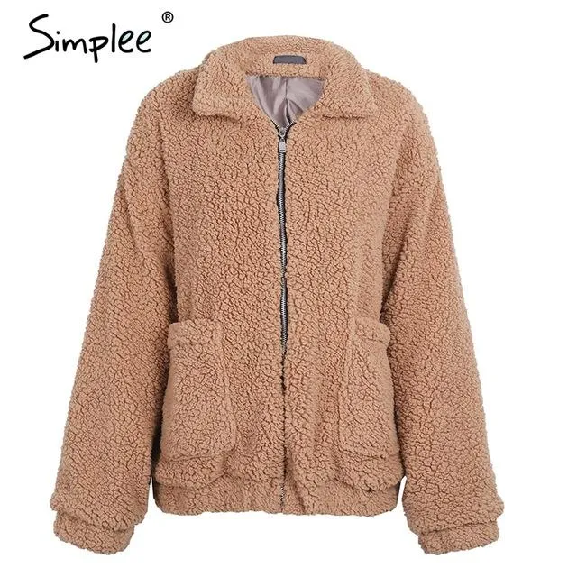Simplee Faux lambswool oversized jacket coat Winter black warm hairly  jacket Women autumn outerwear 2017 new female overcoat