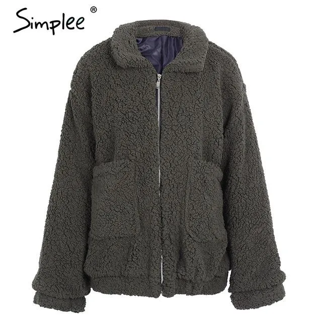 Simplee Faux lambswool oversized jacket coat Winter black warm hairly  jacket Women autumn outerwear 2017 new female overcoat