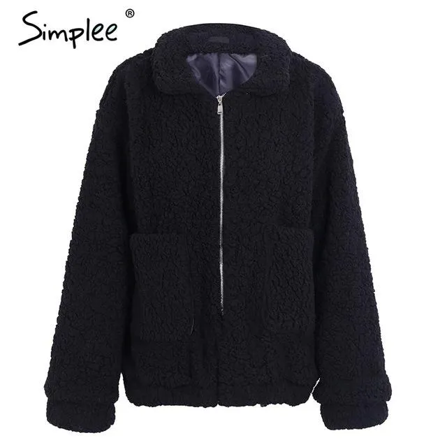 Simplee Faux lambswool oversized jacket coat Winter black warm hairly  jacket Women autumn outerwear 2017 new female overcoat
