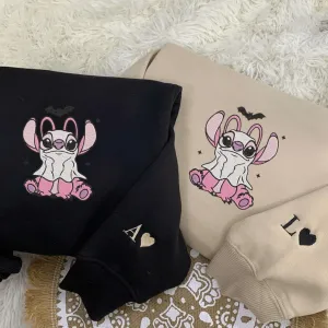 Stitch & Angel Ghost Matching Couple Hoodies – Custom Halloween Sweatshirts for Couples