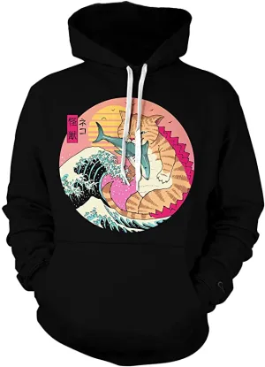 Unisex Funny Monster Cat catches Fish Graphic Casual Hooded Sweatshirts