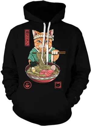 Unisex Funny Ramen Cat Graphic Casual Hooded Sweatshirts