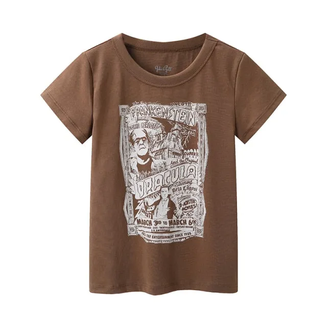Vintage Cotton T-shirts Cute Cartoon Print Short Tees Soft Tops Chic