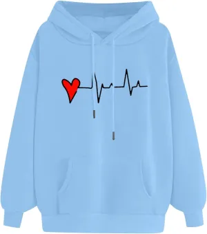 Women's Cute Heart Print Hooded Sweatshirts With Pockets Long Sleeve Hoodies Athletic Workout Pullover Y2K Clothes
